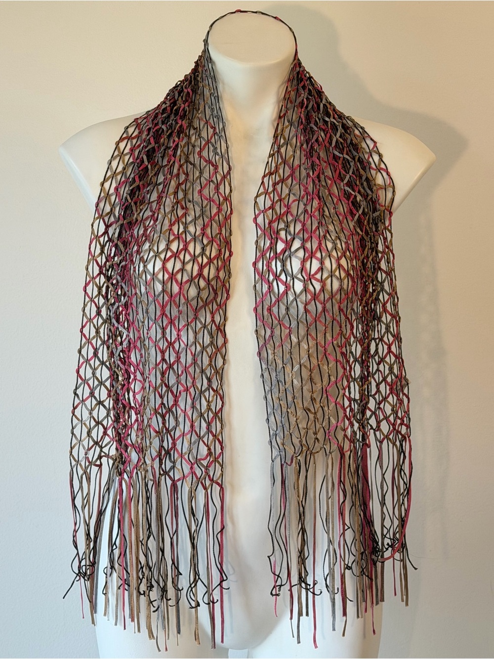 Woven Multicolor Fringe Net Scarf - Pink, Gold & Silver